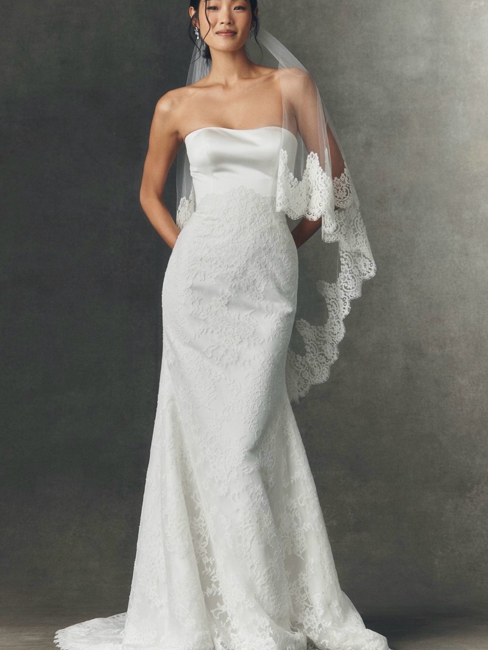 Pronovias Strapless White Lace Mermaid Wedding Gown
